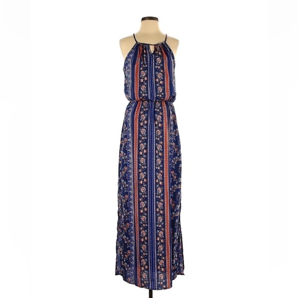 Japna Womens Size 4 Blue Halter Style Pull On Floral Paisley Print Maxi Dress - Picture 1 of 9
